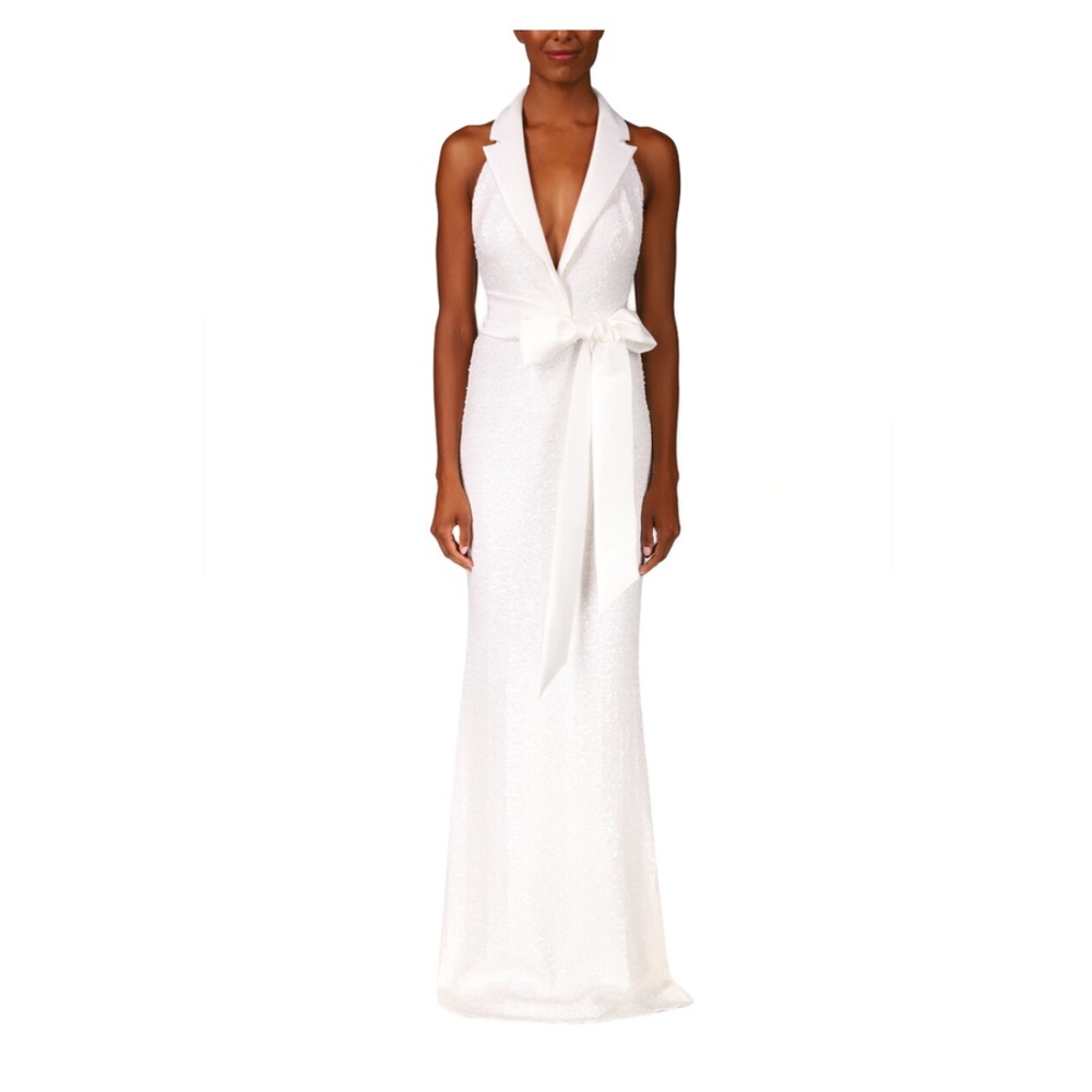 White Sequin Tuxedo Halter Gown
